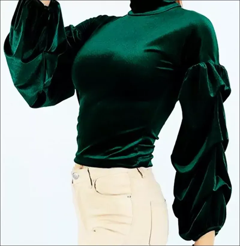 مدل بلوز زنانه و دخترانه مجلسی - لباس مجلسی مخمل آستین دار پفی ساده سبز رنگ