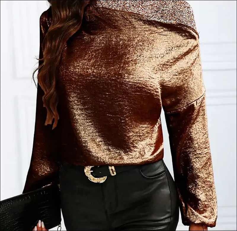 مدل بلوز زنانه و دخترانه مجلسی - بلوز ساده یقه قایقی ساتن قهوه ای