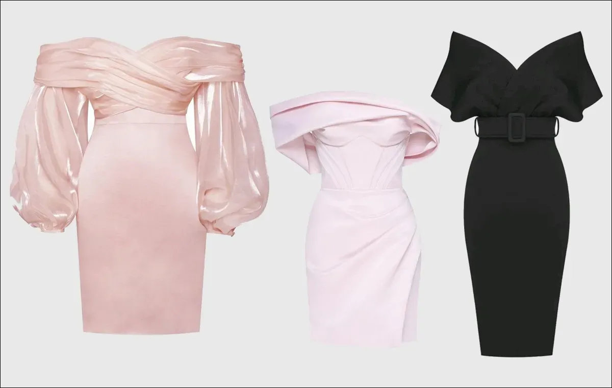 معرفی 8 مدل لباس شب زنانه - پیراهن‌های مجلسی یقه قایقی یا آف شولدر Off the shoulder