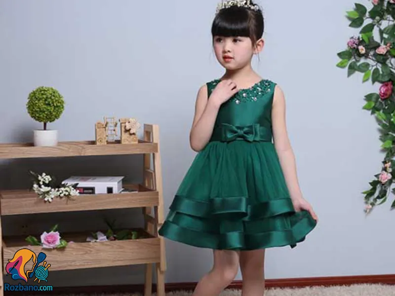 لباس کوتاه بچه گونه دخترانه سبز رنگ مجلسی