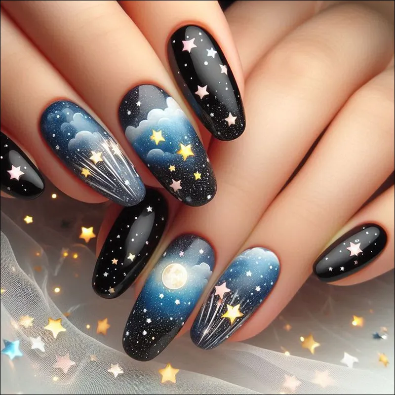 عکس طراحی ناخن صور فلکی با ستاره و ماه