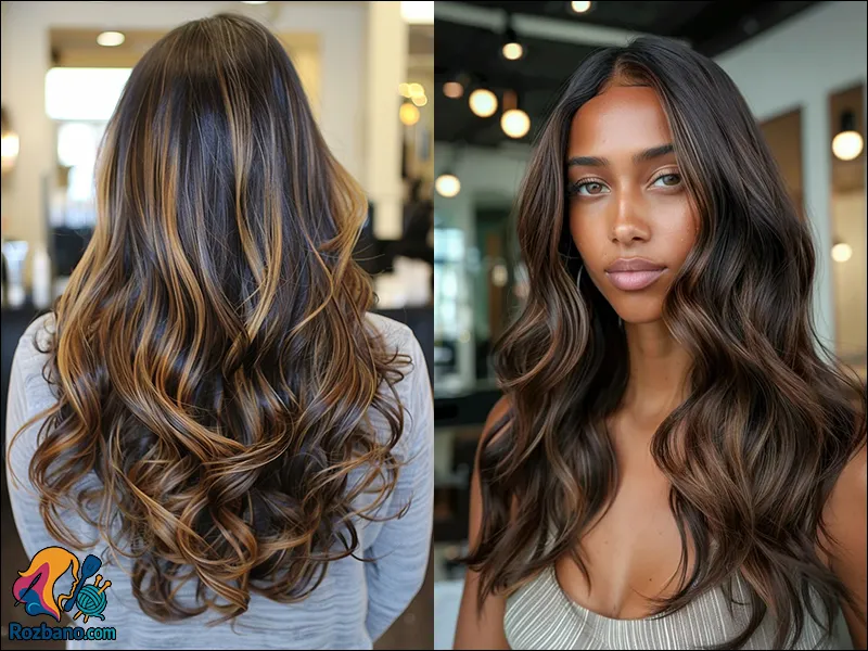 هایلات های پرطرفدار برای موی مشکی - هایلات قهوه ای روشن و نسکافه ای روی موی مشکی