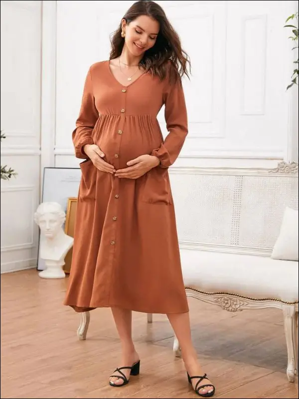 مدل لباس بارداری بلند - پیراهن بارداری جیب دار