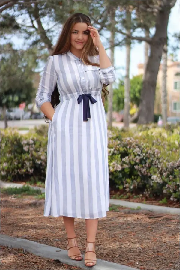 مدل لباس بارداری بلند - پیراهن بارداری راه راه شیک