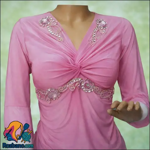 طراحی و دوخت لباس با یقه گره ای زنانه