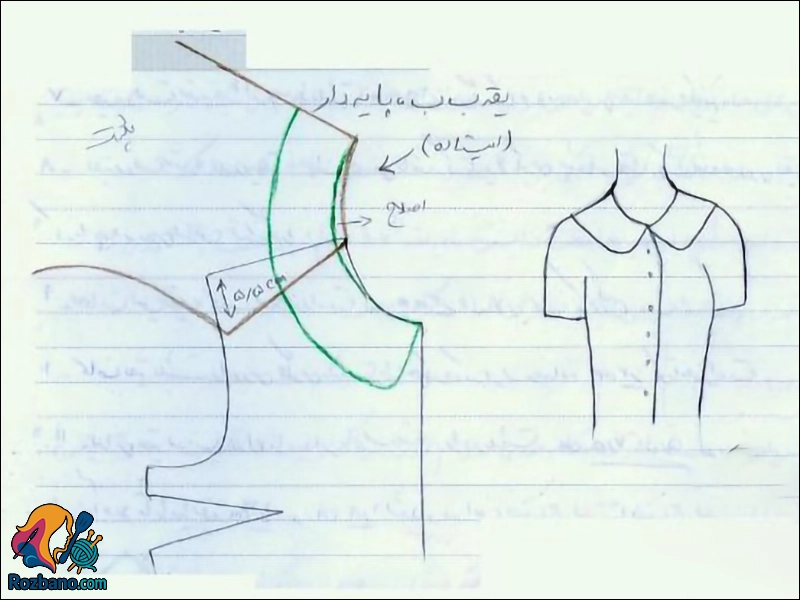 مراحل رسم الگو و دوخت یقه ب ب روی کاغذ الگو