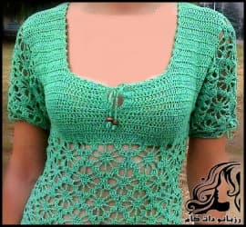 آموزش بافت تاپ آستین کوتاه زنانه قلاب بافی با یقه خشتی - Crocheted20short20sleeve20top 02