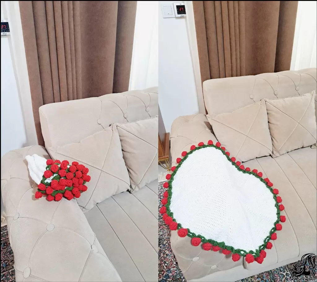 آموزش رایگان بافت شال مبل زیبا با طرح گل دسته