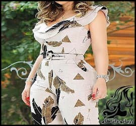 رسم الگو خیاطی لباس شیک زنانه با چاک خاص در ساق پا - Leaf20Print20Layered20Ruffle20Split20Leg20Jumpsuit 15