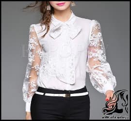 آموزش رسم الگو خیاطی پیراهن زنانه با آستین توری - Mesh20Lace20Embroidery20Tied20collar20Blouse 09