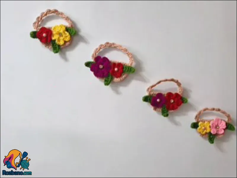 آموزش بافت مگنت یخچال به شکل سبد گل با قلاب