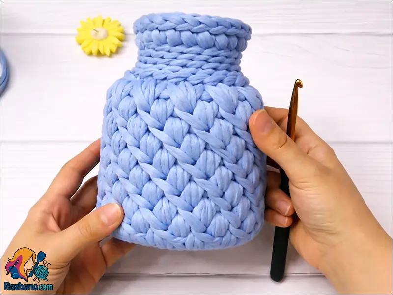 آموزش گام به گام بافت گلدان تریکو دستبافت